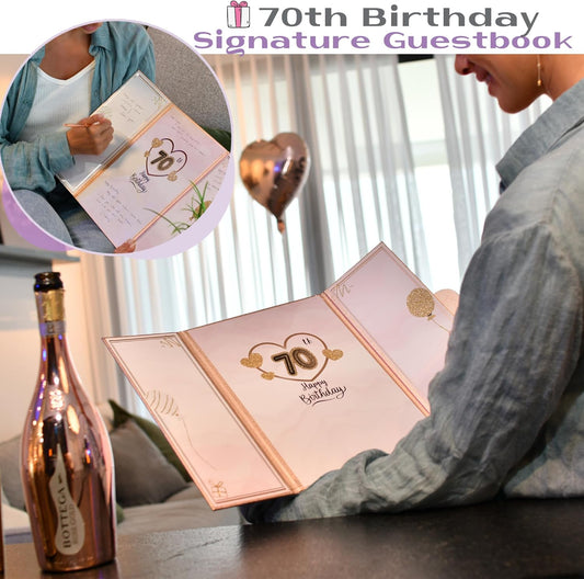 Rose Gold 70th Guestbook Happy Birthday Decorations for Women - Expands from 9x12 to 18x12 inches - Elegant Foil & Gold Print - 70 Guest Book Party Gifts, Keepsake Signature Book - Pen Not Included