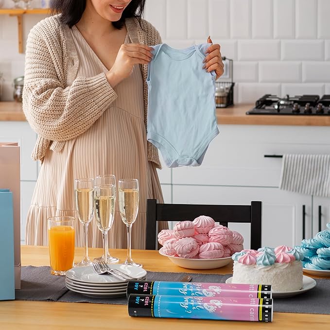 Crisky Gender Reveal Confetti Cannon Heart Shaped Confetti Poppers 2 Pink 2 Blue Baby Shower Baptism Party Cannons Shooter Blaster