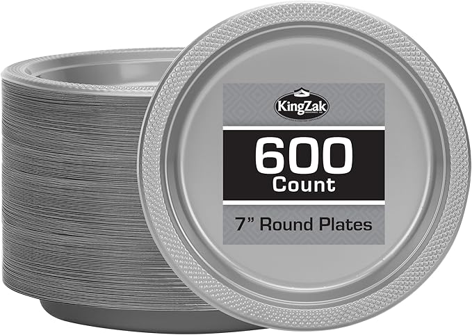 Hanna K. Signature Silver Plastic Plates 7 Inch - 600 count - Plastic Solid Round Party Plates For Weddings, BBQs, Birthday Plates - Disposable Silver Plates - Plastic Dessert Plates