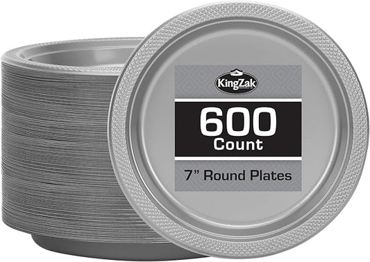 Hanna K. Signature Silver Plastic Plates 7 Inch - 600 count - Plastic Solid Round Party Plates For Weddings, BBQs, Birthday Plates - Disposable Silver Plates - Plastic Dessert Plates
