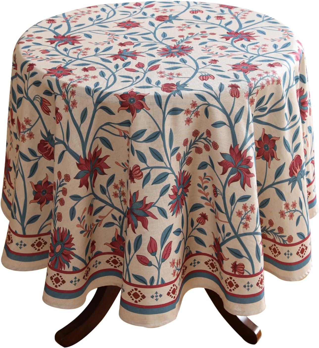 Designer Floral Linen Round Tablecloth,Vintage William Morris Wrinkle Resistant Table Cloth,Decorative Table Cover for Kitchen,Dining,Thanksgiving,Christmas,Diameter 67"-Dorodango B