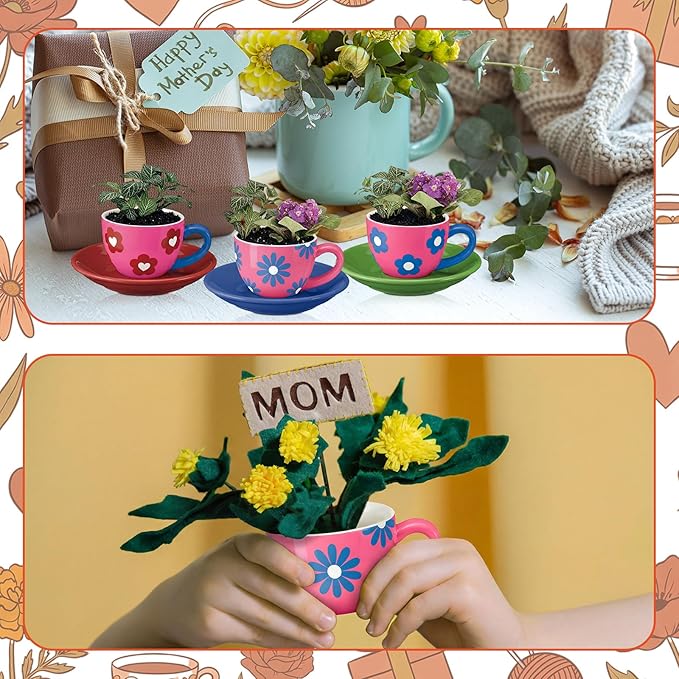 6 Sets Mother's Day Ceramics Teacup Craft Kit with Saucer Color Your Own Cup Flower Planter for Tea Party Crafts Pottery Painting Kit Art Indoor Gardens Family Activity Holiday Decors