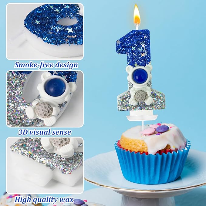 HXOUSE Astronaut 1st Birthday Candle - Space Universe Sparkler 1 Candle for Birthday Cake Boy, Topper for Party Decorations Anniversary Celebrations (Number 1)