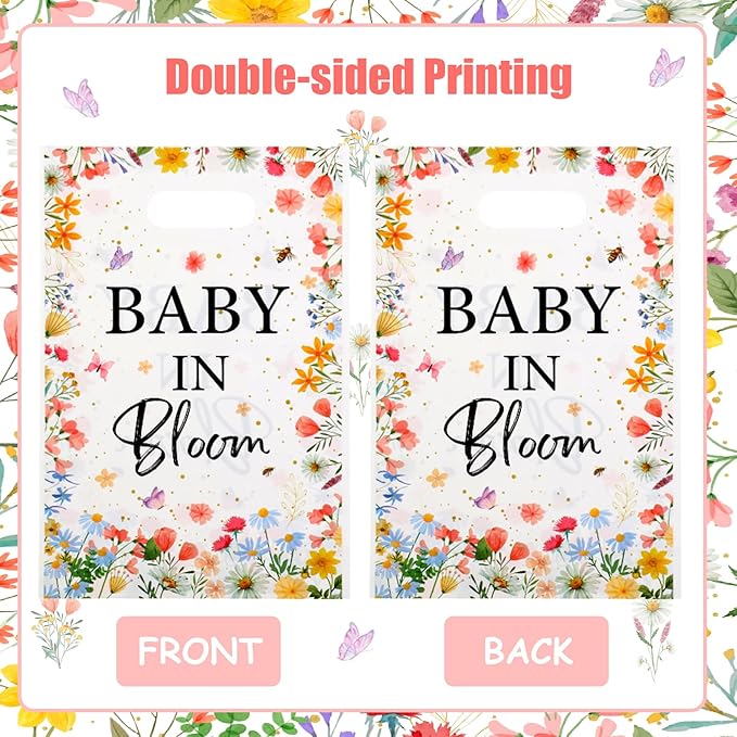 Serencatcher 50Pcs Baby In Bloom Party Favor Bags Widflower Baby Shower Goodie Bags Plastic Floral Gift Bags Candy Bags with Handles for Wildflower Baby In Bloom Baby Shower Decorations Party Supplies