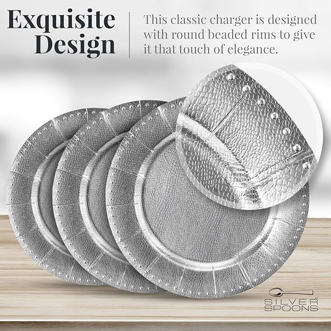 SILVER SPOONS Elegant Disposable Charger Plates For Party - (10 Piece) Heavy Duty Disposable Dinner Set 13”, Fine Dining Charger Dishes For Elegant China Look, for Celebrations & Events, Silver