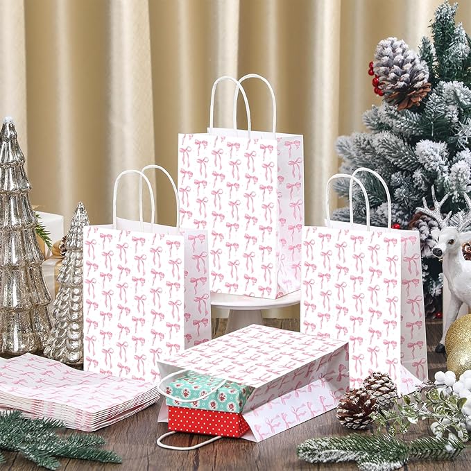 Kolldenn 16 Pcs Coquette Pink Bow Paper Gift Bags Women Mother's Day Birthday Favor Goodie Candy Bags with Handles for Bridal Engagement Baby Shower Party Supplies