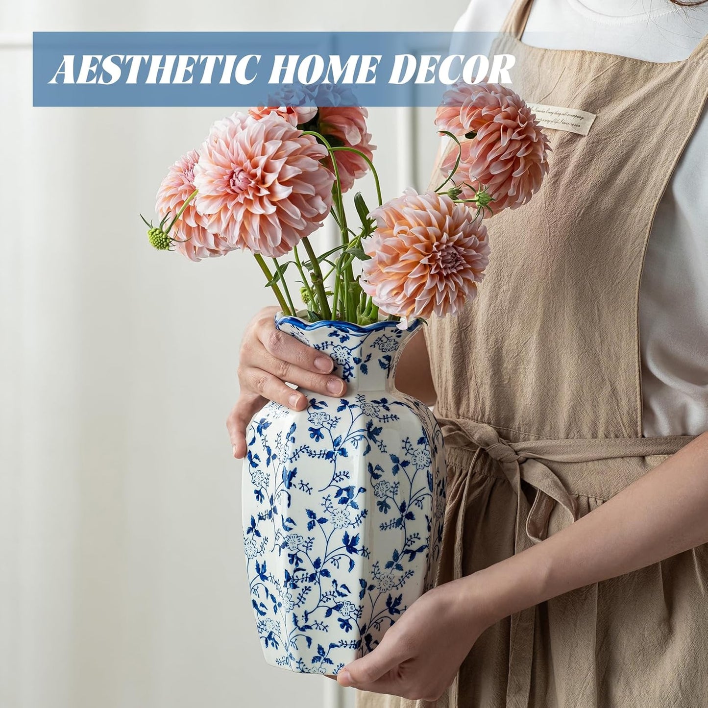 Blue and White Ceramic Vase, 9.5 Inch Vintage Chinoiserie Flower Vase Decorative Antique Vases for Home Decor, Rustic Porcelain Vase Farmhouse Shelf Table Centerpieces Decor