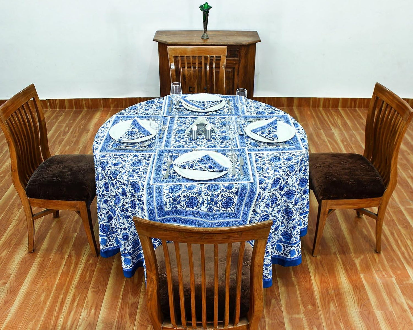 60 Inches Round Hand Block Printed Cotton Tablecloth, Blue White Floral Table Cloths Washable, Indian Table Linen for Dinning Home Decor Autumn Outdoor Thanksgiving 4 Seater
