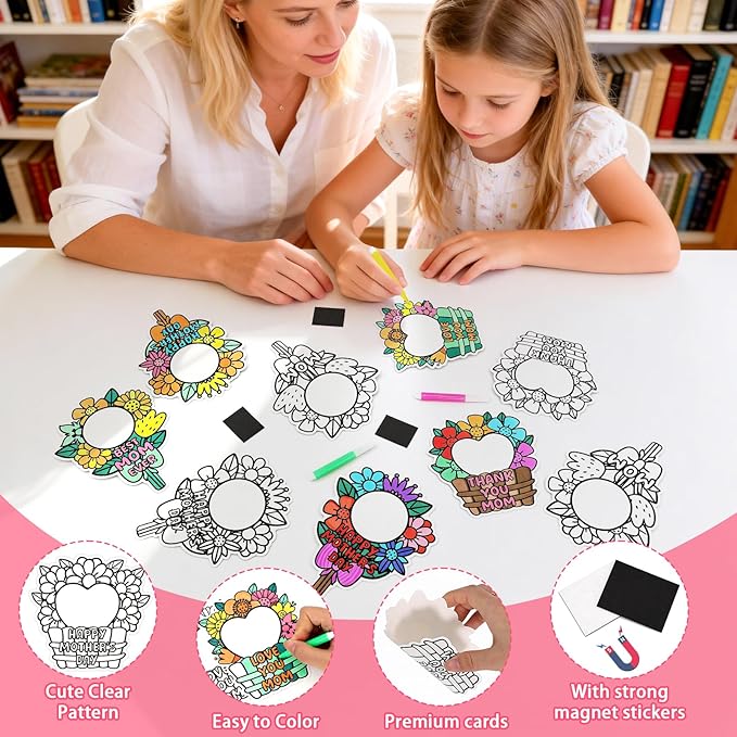 24 Set Mothers Day Crafts Picture Frame Fridge Magnet with Paint Pen Magnet, Mothers Day DIY Art Paper Flower Decorations Kit for Classroom Gifts School Craft Activities Home Party Favor Bulk Supplies