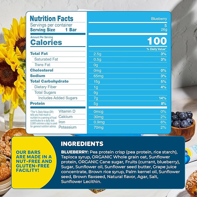 Blake's Breakfast Bars with Protein — Blueberry (30 Count), 5g Clean Plant-Based Protein, Gluten Free, Nut Free, Dairy Free & Vegan, Healthy Snacks for Kids or Adults, School Safe