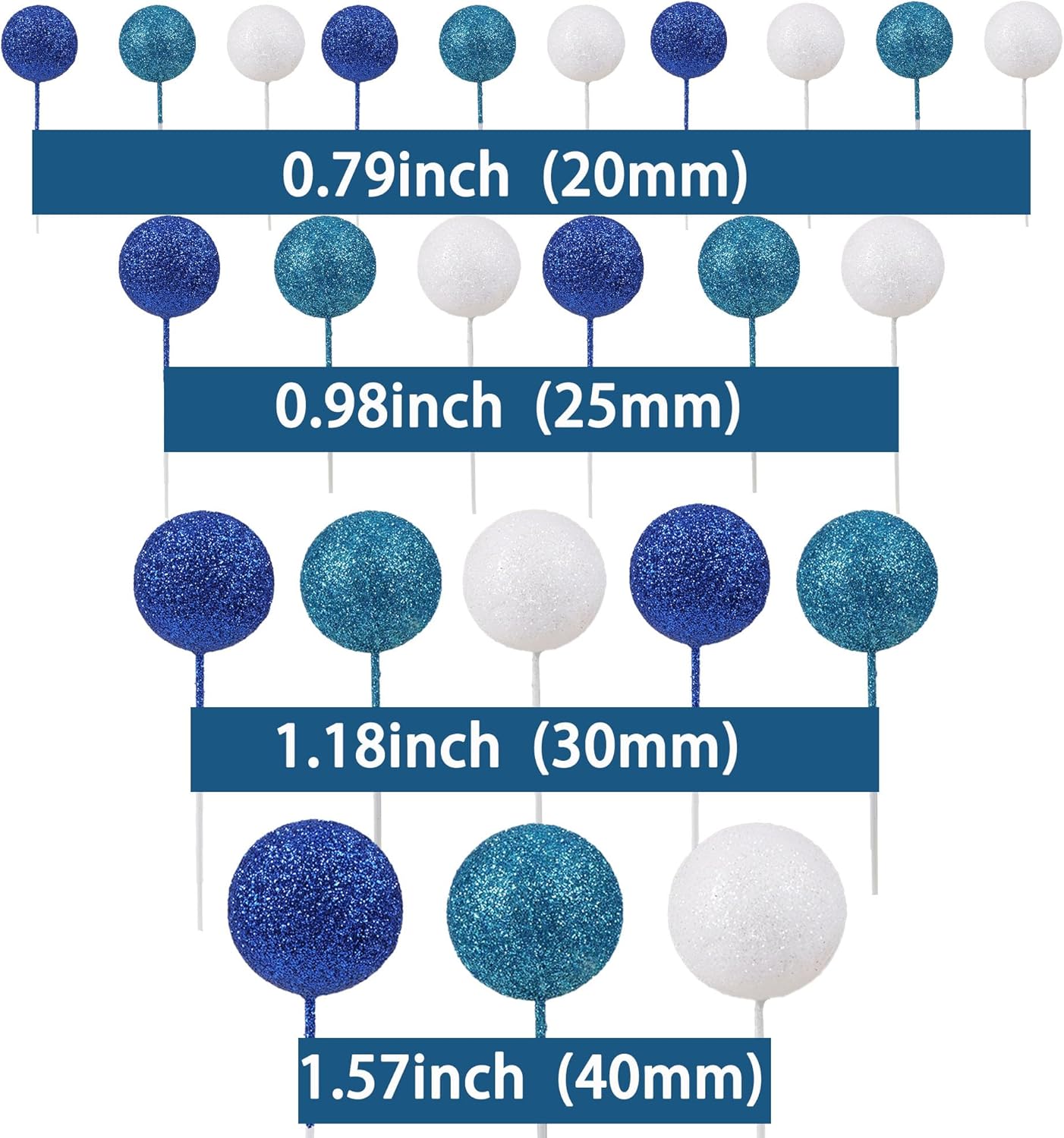 30Pcs Glitter Balls Cake Topper Foam Ball Cake Picks Mini Balloon DIY Cake Insert Topper Decoration for Baby Shower Wedding Anniversary Birthday Graduation Party Cake Decorations White Blue Deep Blue