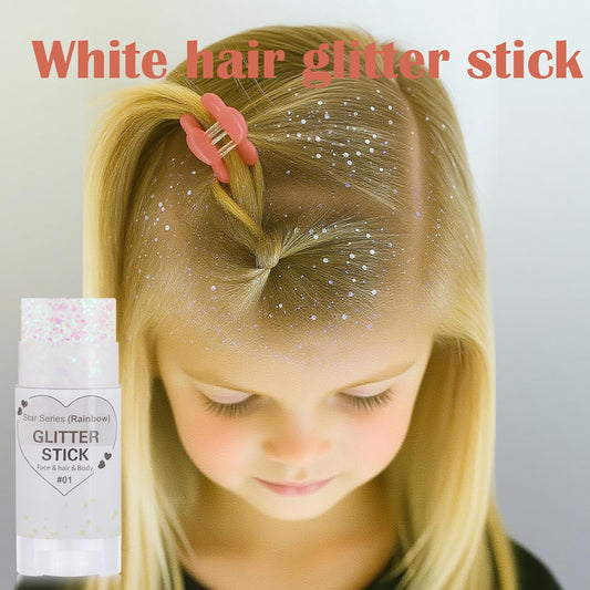 Rainbow White Hair Glitter Stick,Mermaid Fairy Costume Body Face Glitter, Singer Concert Halloween Star Glitter Makeup for Kids and Women,Waterproof Sequins Rave Accessories White Face Paint