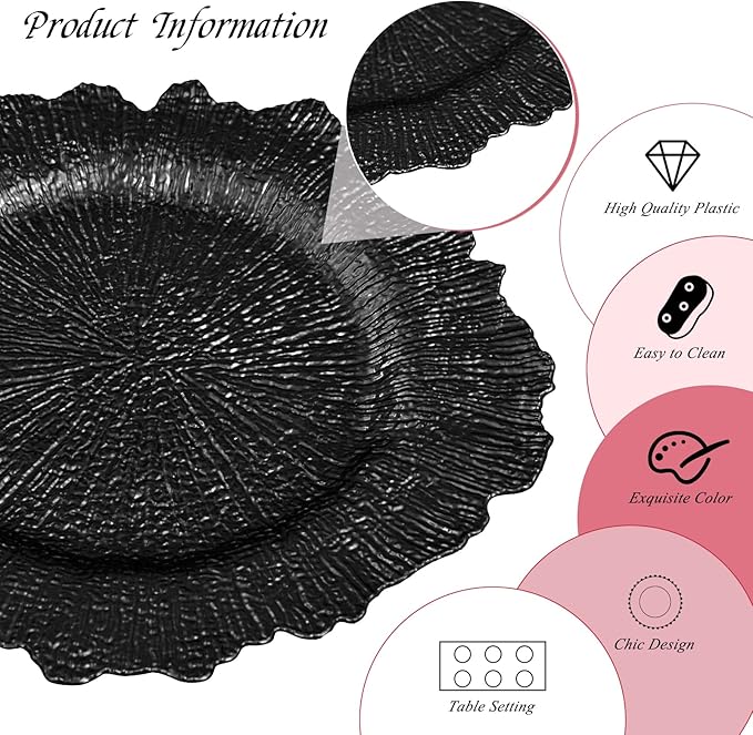 24 Pack Black Charger Plates Bulk, 13" Plastic Reef Chargers for Dinner Plates, Round Charger Plate with Floral Reef Design for Dinner Wedding Party Table Setting Decoration