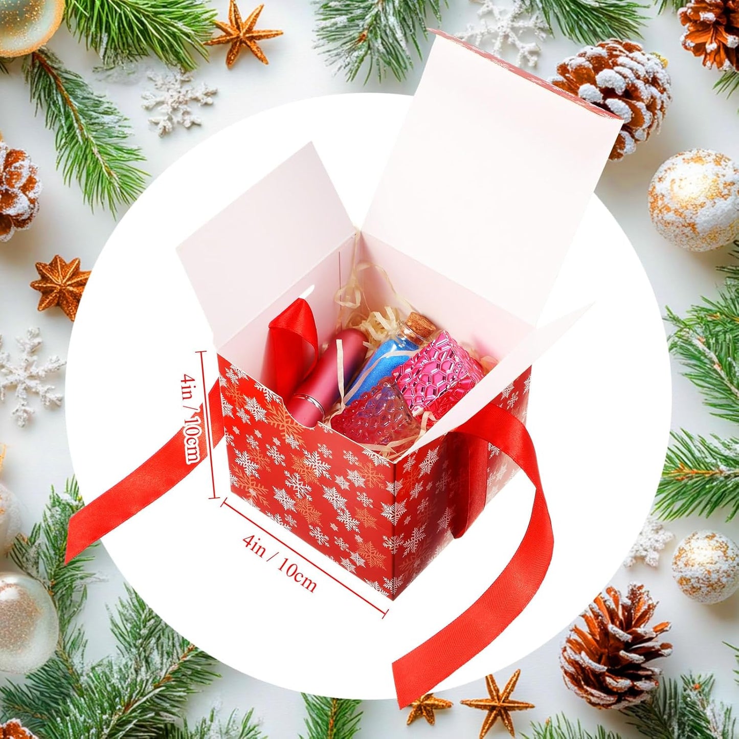 Dispowreath 48 Pcs 4x4x4 Christmas Gift Boxes with Ribbon Xmas Small Box with Lids Treat Boxes for Gift Wrapping Ornaments Wedding Holiday Birthday Party Favor (Snowflake)