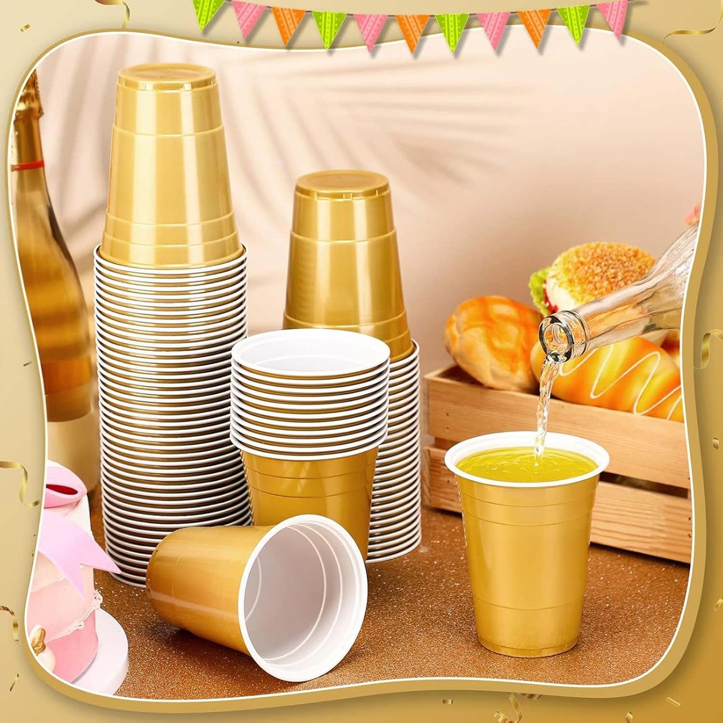 Lounsweer 100 Pack 16 Ounce Christmas Plastic Party Cups Disposable Heavy Duty Drinking Water Cups for Holiday Christmas Festival Wedding New Year Birthday Party Supplies(Gold)
