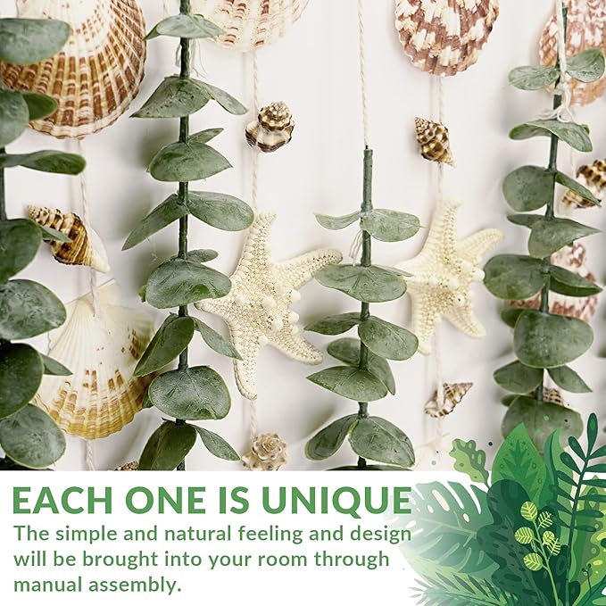 Bathroom Wall Decor Artificial Eucalyptus Boho Bedroom Decor Fake Eucalyptus Plants Leaves with Seashell on Stick Coastal Decor Natural Home Decorations for Living Room Nursery Kitchen