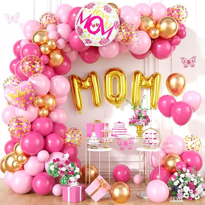 Mother's Day Balloon Arch, Hot Pink metallic Gold Balloon Garland Kit with Large Mom Foil Balloons, Pink Mother Heart Foil Balloons for Mom's Day Party Decorations