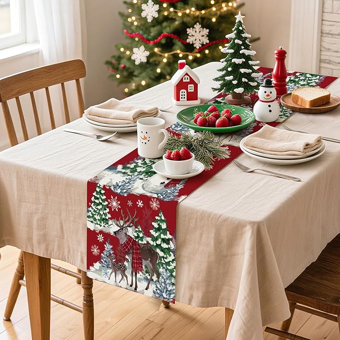 Artscope Reindeer Snowman Christmas Tree Table Runner, Xmas Winter Snowflakes Holiday Kitchen Dining Table Decoration for Christmas Home Party Decor 13x90 Inch-Red