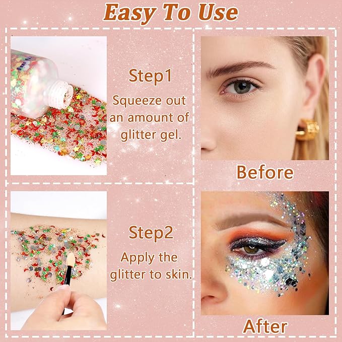 Boko 50ML Body Glitter Gel, Red Chunky Glitter Gel for Face Hair Body Love Heart Makeup, Mermaid Face Glitter Sequins for Festival Music Concert Party Event Rave Accessories