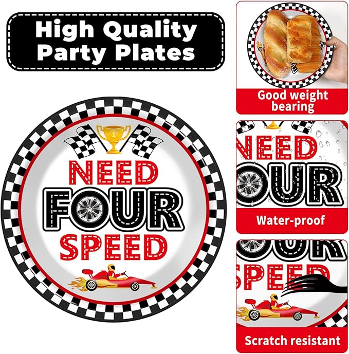 96Pcs Racing Car 4th Birthday Party Paper Plates and Napkins for Need Four Speeed Dessert Cake Plate Disposable Decor Racing Checkered Flag Tableware for Boy Kids Race Car 4 Years Birthday Decorations