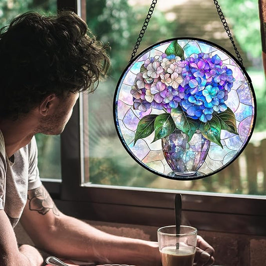 Stained Glass Window Hanging, Blue Purple Hydrangea Flowerpot Suncatcher for Doors Home Sun Catchers Decoration and Christmas, Mother's Day Birthday Gifts for Women, Men, and Mom 9.8 in