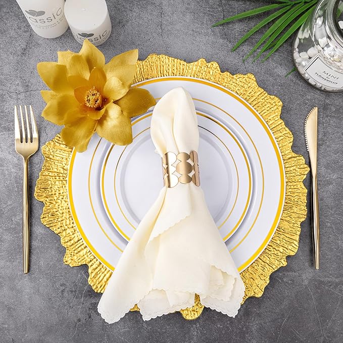 EI 50pcs Gold Charger Plates,13 Inch Charger Plates Bulk,Round Ruffled Rim Chargers for Dinner Plate,Table Chargers for Wedding,Party