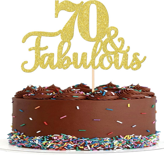 1 PCS 70 & Fabulous Cake Topper Gold Glitter 70th Birthday Anniversary Cake Pick Decoration for 70th Birthday Wedding Anniversary Party Decorations Happy 70th Birthday Cake Decorations Supplies