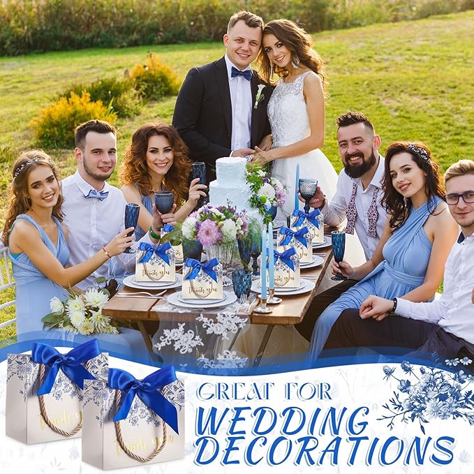 Moinchore 40 Pack Wildflower Thank You Gift Bags with Handles Small Thank You Party Favor Bags with Bow Wedding Welcome Tote for wedding Holiday Bridal Shower Party(Vintage Blue Flowers)