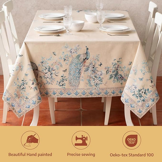 Maison d' Hermine Premium Table Cloth Rectangle Table 100% Combed Cotton 120 x 70 Inches Tablecloth Reusable Decorative for Dining Room, Home, Party, Festive & Wedding - Peacock Utopia - Sandy Beach