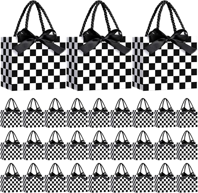 Moinchore 30 Pcs Checkered Racing Treat Bags with Handles 5.5 x 4.7 x 2.5 in Black and White Race Car Party Favor Checkered Goodie Gift Bags Bulk for Candy Cookies Snacks, Speedway Birthday Decoration