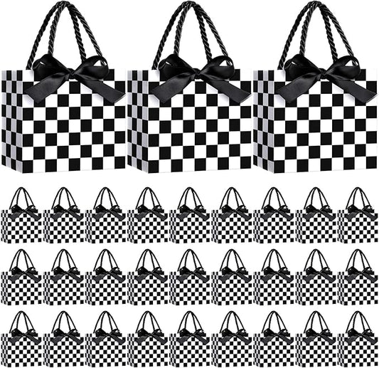 Moinchore 30 Pcs Checkered Racing Treat Bags with Handles 5.5 x 4.7 x 2.5 in Black and White Race Car Party Favor Checkered Goodie Gift Bags Bulk for Candy Cookies Snacks, Speedway Birthday Decoration