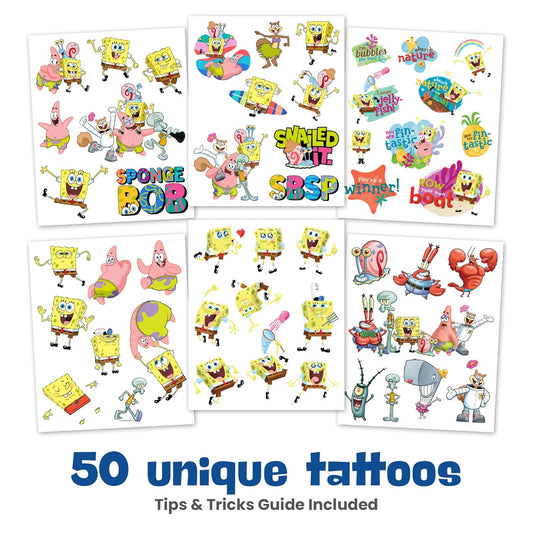 Savvi - 50 SpongeBob Temporary Tattoos: Skin-Safe Ink, Great for Birthday Parties, Gifts for Boys and Girls Ages 4-12+, Made in the USA [6 sheets, 50 count]