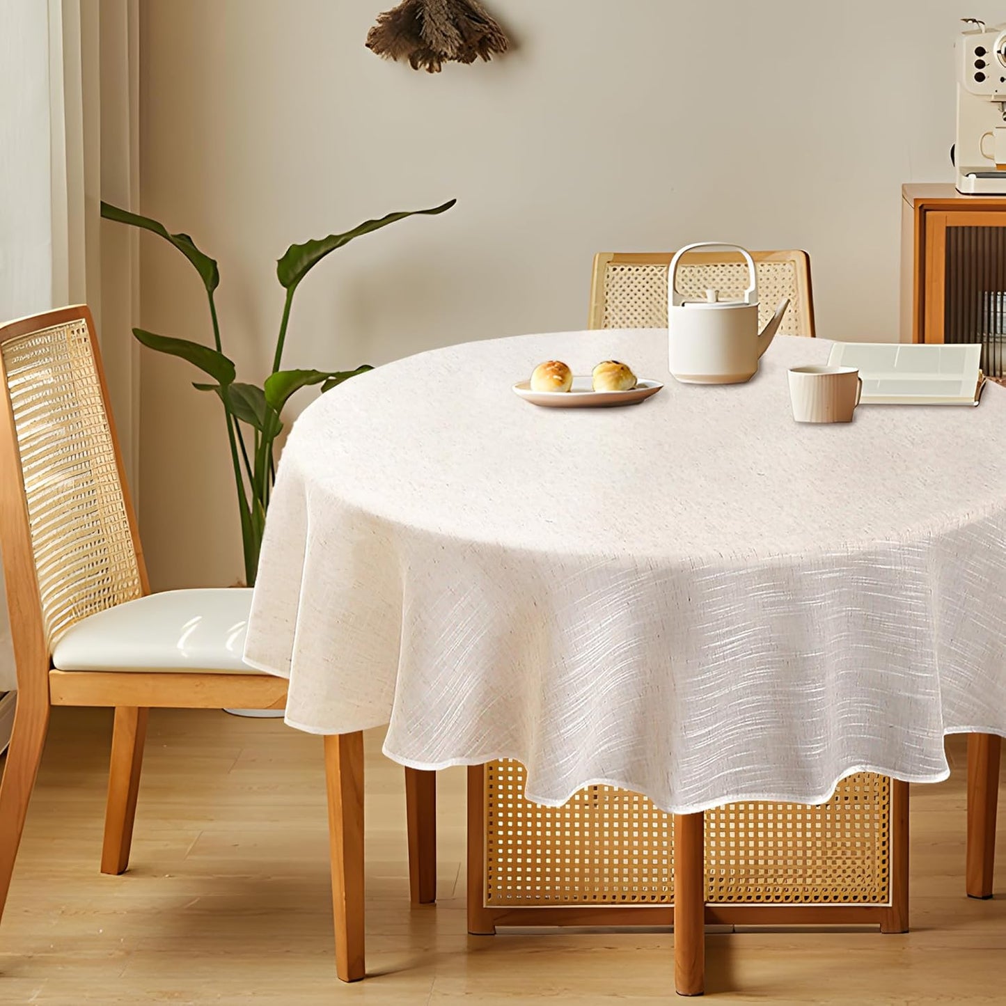 Natural Linen Textured Round Tablecloth, Slubby Lightweight Table Cloth 52 Inch, Water Resistant Stain Resistant Farmhouse Burlap Table Cover for Kitchen Dining Room
