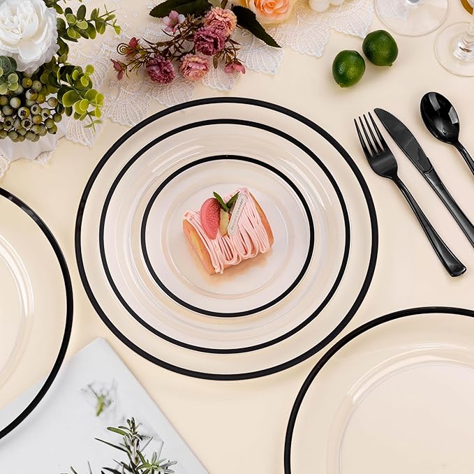 BESTSTAR 12 Inch Disposable Decor Charger Plates, 15 Pack Plastic Clear Plates with Gold Rim, Perfect Table Decor for Party, Wedding, Dinner