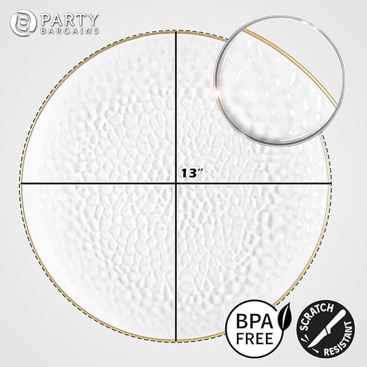 PARTY BARGAINS 13-Inch Charger Plates - 96 Pack, Hammered Clear Gold Rim, Heavy-Duty Disposable Chargers for Elegant Dining - Ideal for Weddings and Formal Events