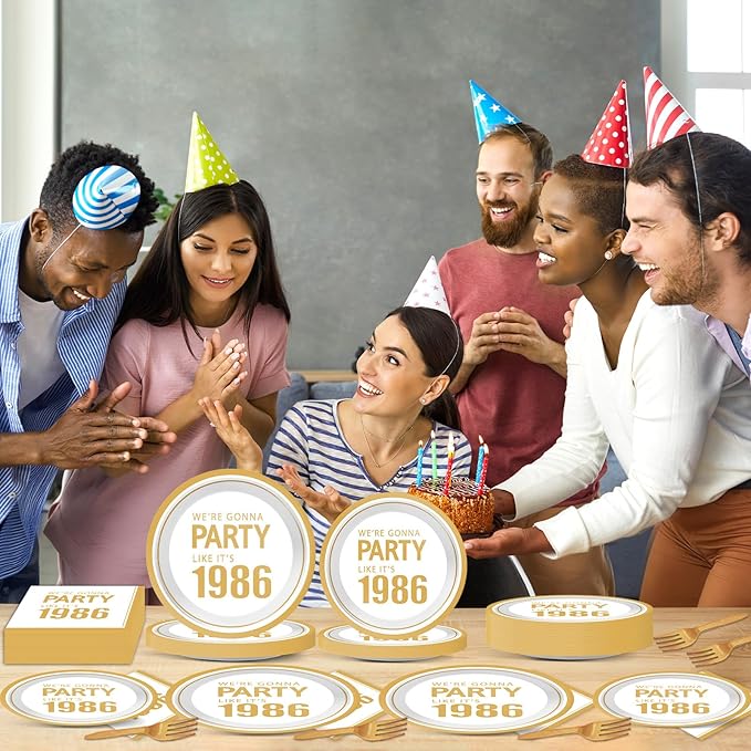 96Pcs 40th Birthday Plates and Napkins for We're Gonna Party Like It's 1986 Party Favor 40th Anniversary Paper Plates Cheer to 40 Years Tableware for Men Women Back in 1986 Birthday Decorations