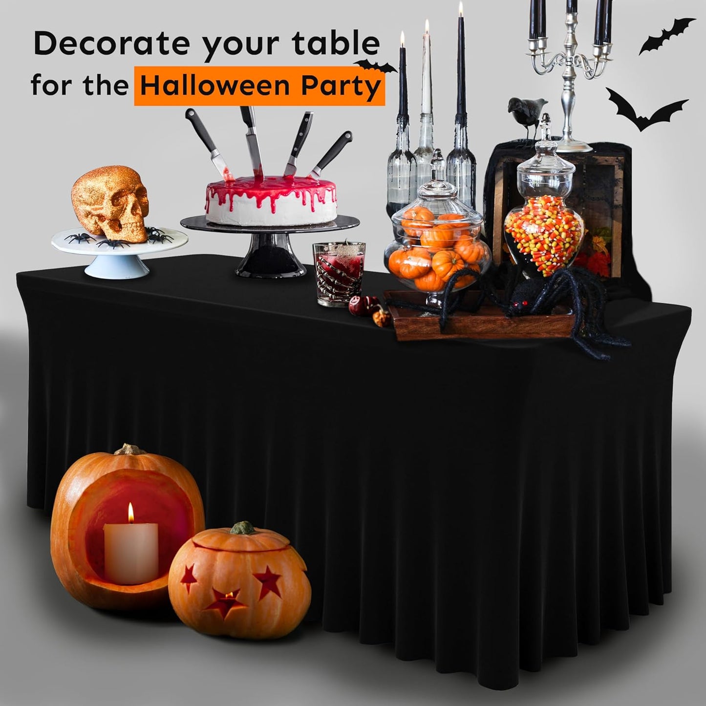 Table Skirt for Rectangular Tables 8ft - Spandex TableCovers for Standard 8 Foot Table - One Piece Fitted Elastic Tablecloth - Wrinkle Resistant Ruffles Design for Weddings, Party, Events (Black)