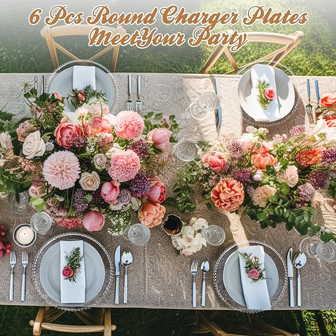 Hoolerry 6 Pack Clear Charger Plates Bulk 13 Inch Plastic Round Beaded Dinner Chargers Acrylic Frosted Grain Decorative Service Plates for Wedding Party Event, Home and Kitchen Tabletop (Clear)