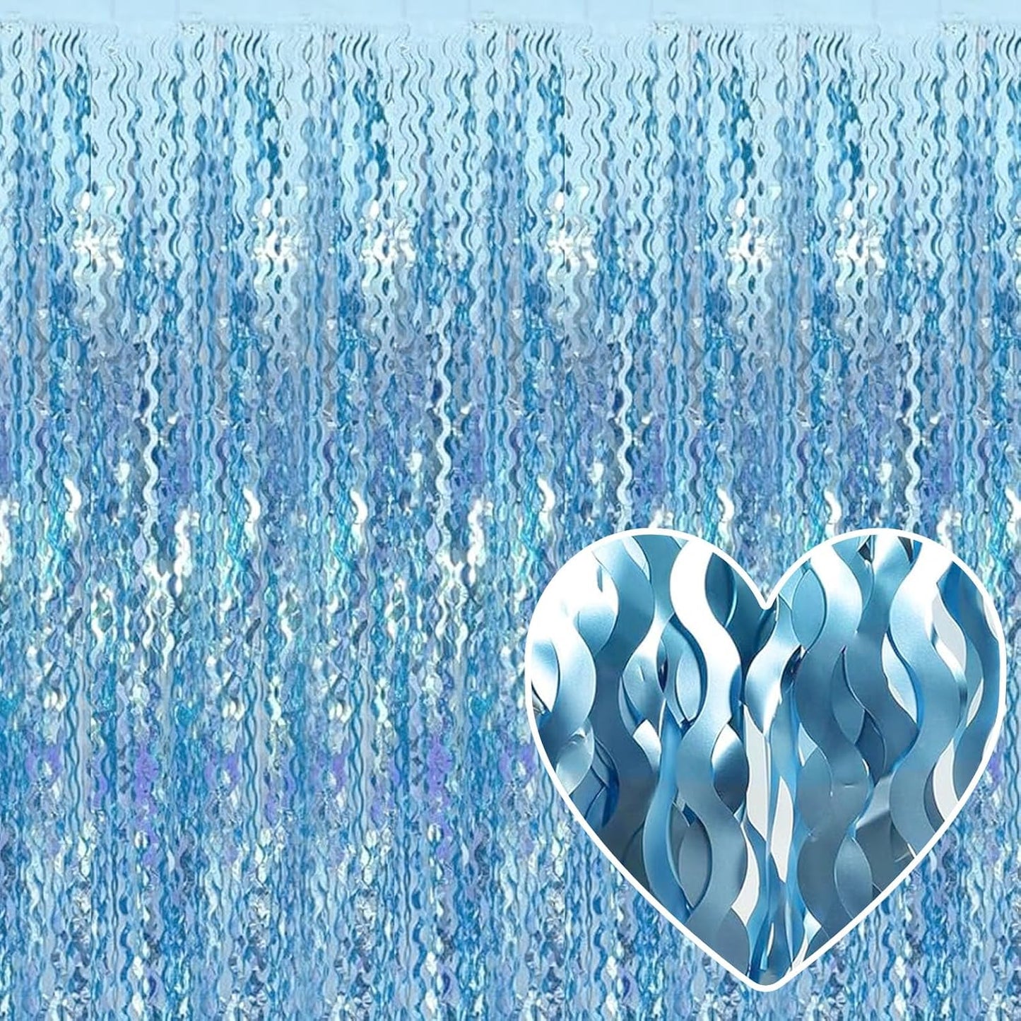 4 Pack Light Blue Fringe Curtain Backdrop 3.2Ft x 8.2Ft Metallic Tinsel Foil Fringe Streamers Background for Photo Booth Mother's Day, Easter, Carnival, Birthday, Wedding Party Decoration