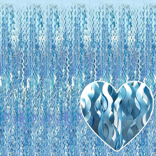 4 Pack Light Blue Fringe Curtain Backdrop 3.2Ft x 8.2Ft Metallic Tinsel Foil Fringe Streamers Background for Photo Booth Mother's Day, Easter, Carnival, Birthday, Wedding Party Decoration