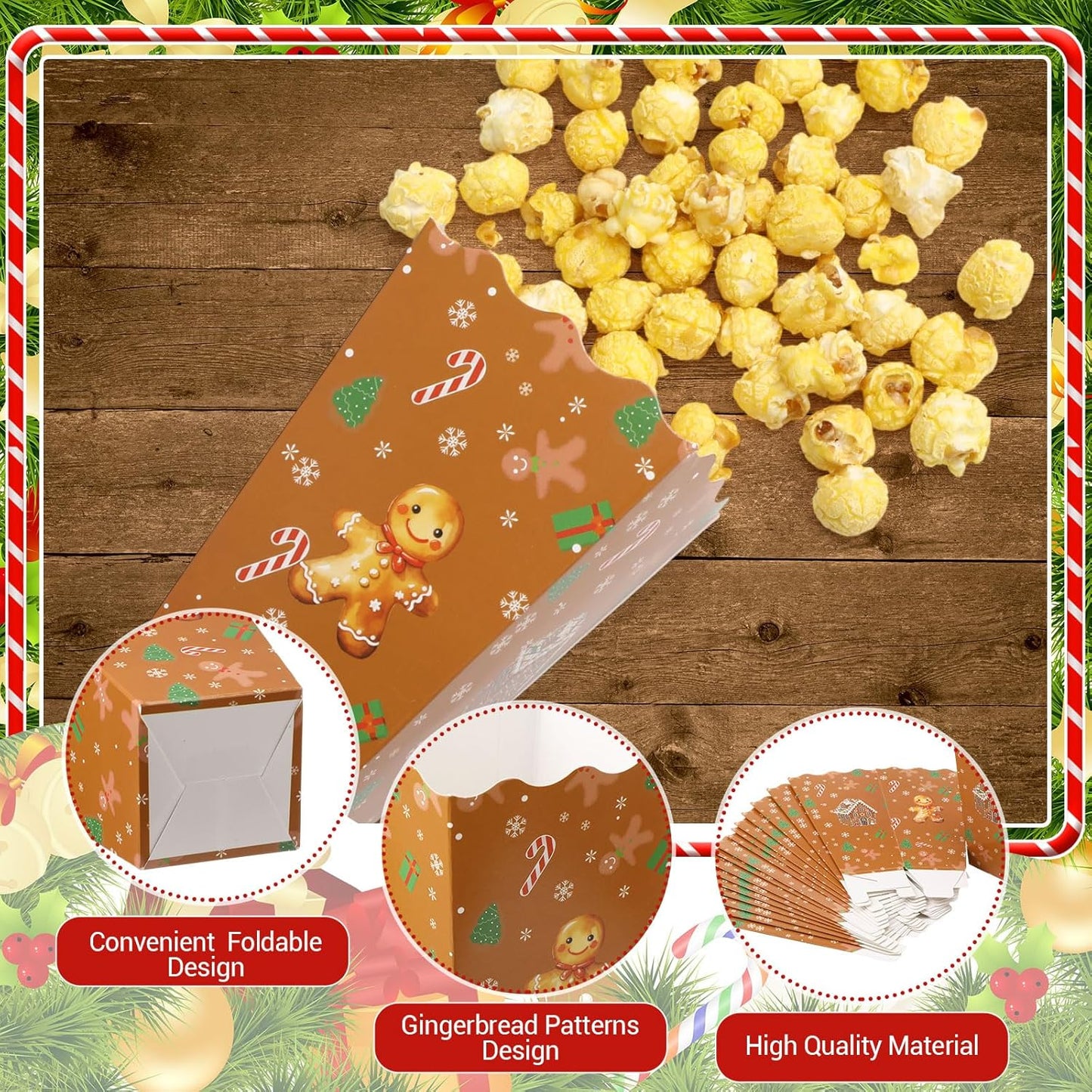 Faccito 50 Pcs Christmas Popcorn Boxes Brown Gingerbread Popcorn Boxes Christmas Paper Snow House Buckets Snack Containers Holiday Case for Xmas Party Gingerbread House Party Favors Supplies