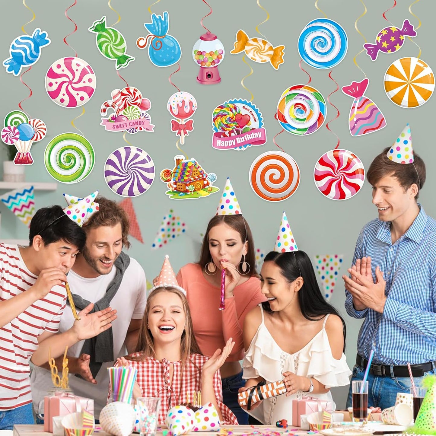 40Pcs Candy Hanging Swirls, Colorful Lollipop Hanging Swirls Ceiling Decor Candyland Party Decorations Candy Party Ceiling Streamers for Sweet Shop Baby Shower Birthday Party Decor