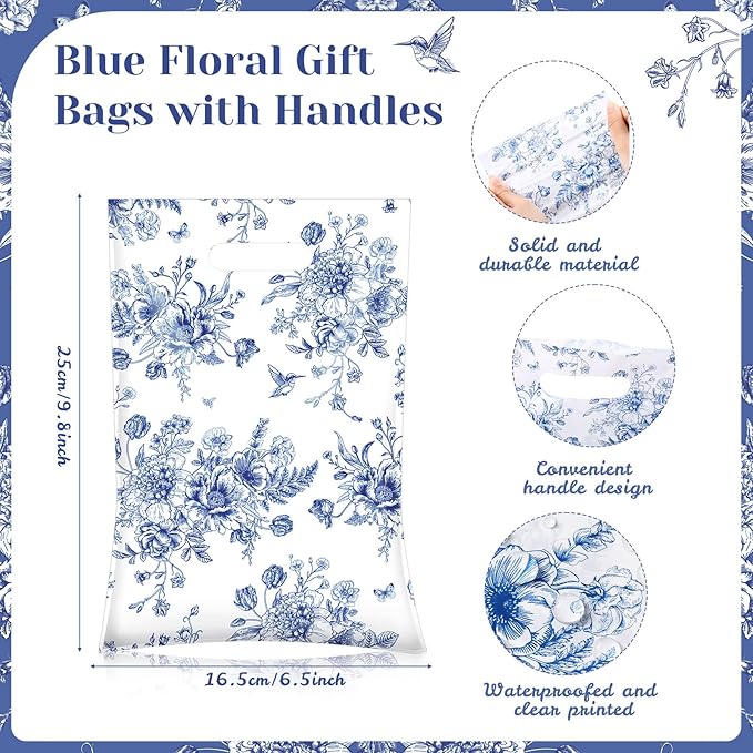 100 Pcs Wildflower Gift Bags Vintage Wildflower Party Favor Bag with Handle Plastic Goodie Candy Treat Gift Wrapping for Wedding Baby Shower Birthday Party Favors Supplies(Blue Floral)