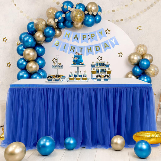 Royal Blue Tulle Table Skirt for Rectangle Tables or Round Tables 14ft Tutu Table Cloth Cover for Baby Shower, Wedding Reception, Bridal Shower, Birthday Party, Graduation, Banquet Decorations