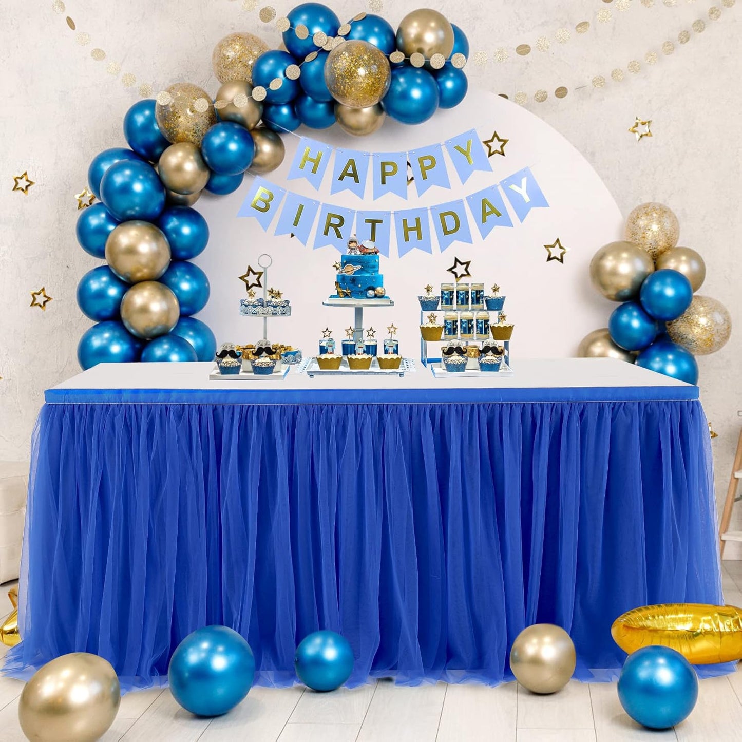 Royal Blue Tulle Table Skirt for Baby Shower 9ft Tutu Table Cloth Cover for Wedding Reception, Bridal Shower, Birthday Party, Graduation, Banquet Decorations