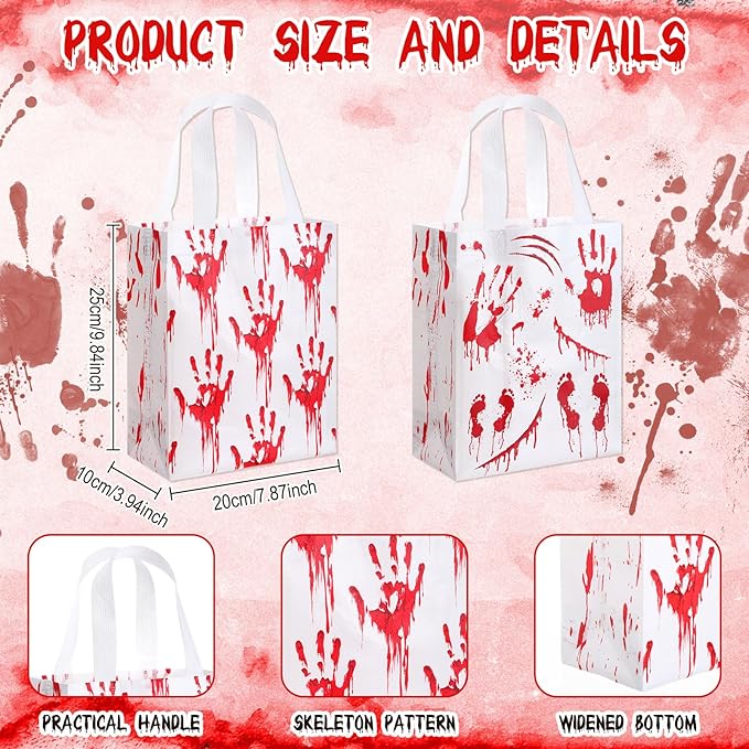 Wovnet 30 Pcs Halloween Party Favor Gift Bags Bloody Handprint Reusable Non Woven Goodie Treat Bags with Handle Horror Theme for Halloween Party Supplies 10 x 8 x 4in