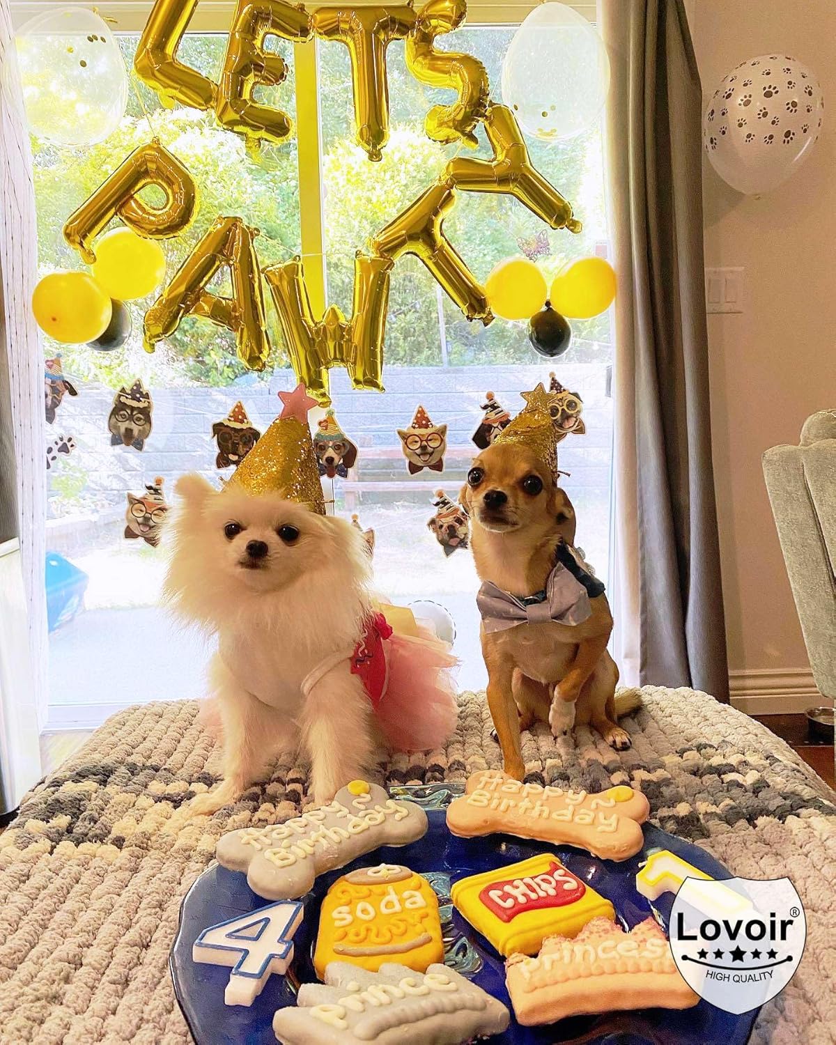 9 Pcs Lets Pawty Balloons Banner 16 Inch, Dog Cat Pet Birthday Letters Sign Lets Pawty Balloons Happy Birthday Banner for Pet Dog Cat Party Supplies Decorations (Gold)