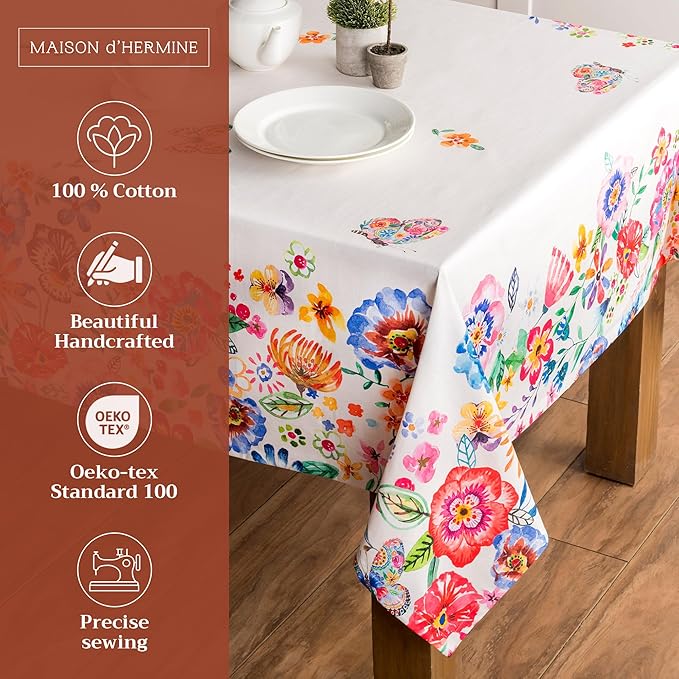 Maison d' Hermine Table Cloth Square Table 100% Cotton 60 x 60 Inches Tablecloth Reusable Decorative for Dining Room Farmhouse Home Valentines Day Decorations Spring Summer- Happy Florals -High Summer