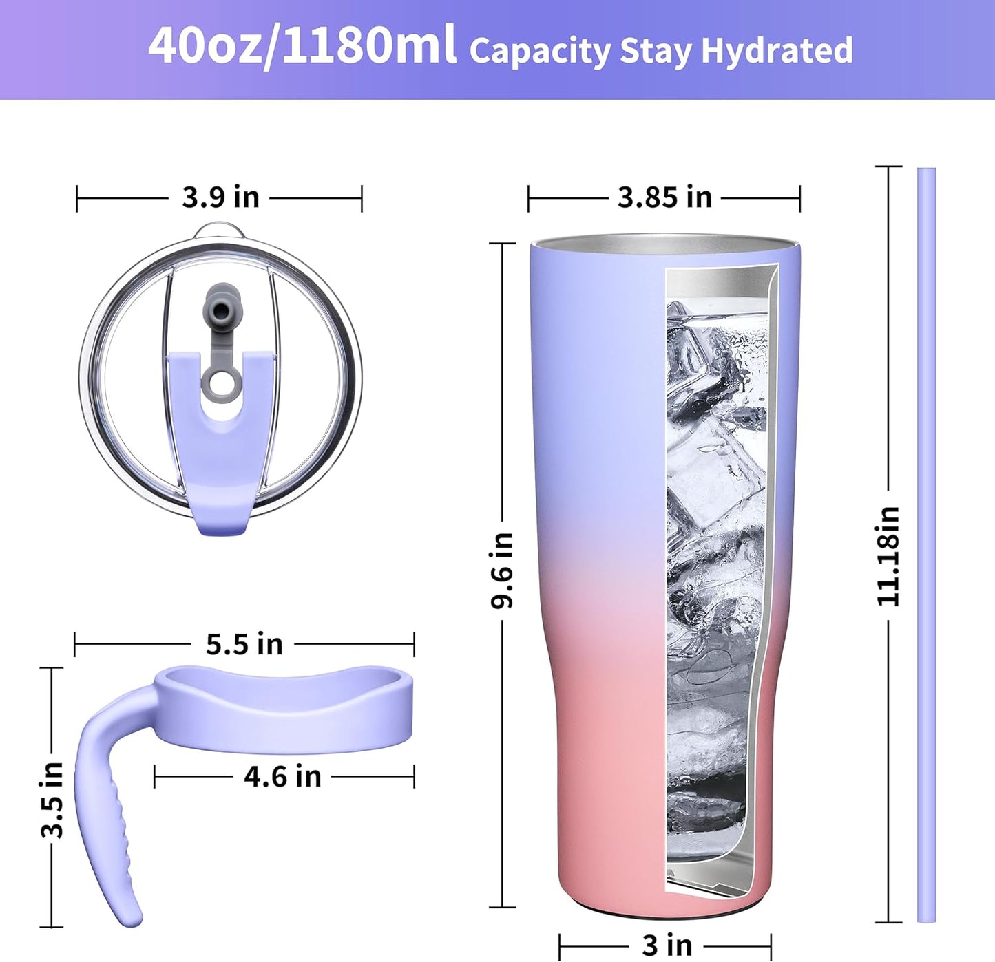 THILY 40 oz Insulated Tumbler with Handle - Stainless Steel Coffee Travel Mug with Lid and Straws, Keep Drinks Cold for 34 Hours or Hot for 12 Hours, BPA Free, Lavender Dream