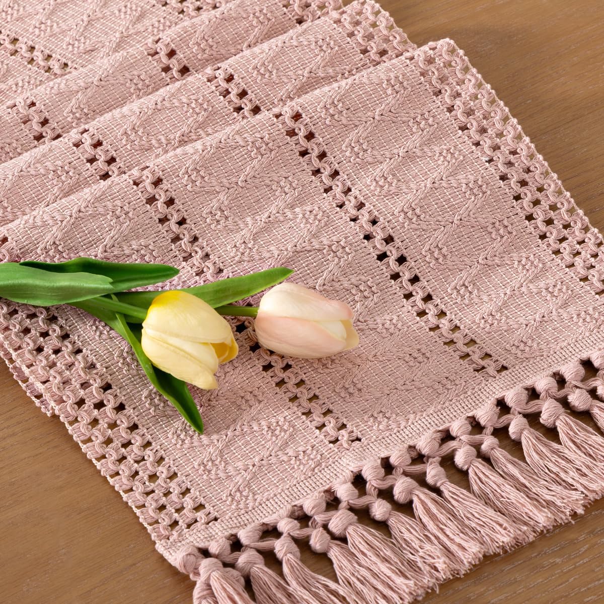 Socomi Boho Table Runner Fall Thanksgiving Farmhouse Rustic Dining Kitchen Centerpiece Decor Small Macrame Woven Cotton Linen Coffee Table Runner for Dresser Scarf Home Decor 12x48 in Pink